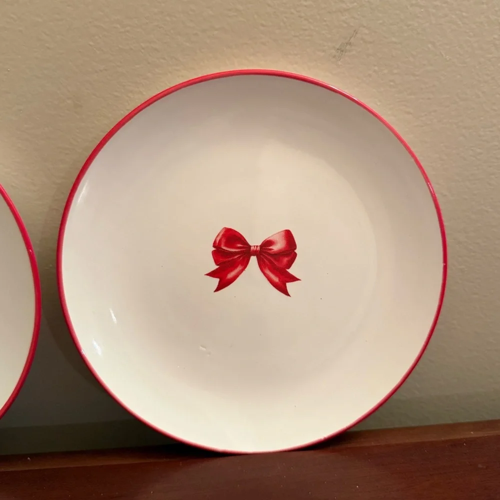 New! Set of 2 Red Bow Ceramic Plates, 6” diameter, by Makery, Valentine’s Day